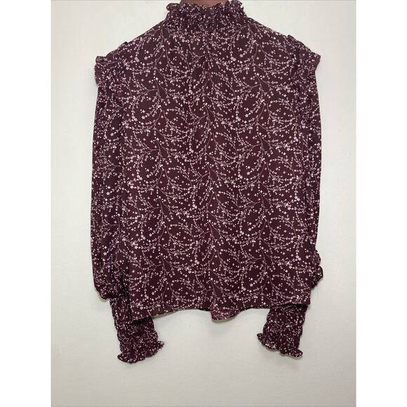 Max Studio Size Medium Ruffle Blouse Smocked Neck & Sleeves In Burgundy Boho - Picture 10 of 13